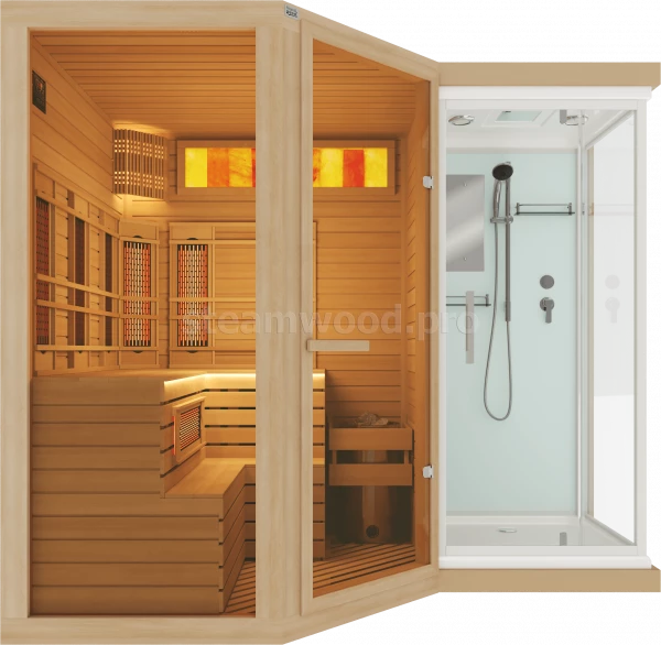 Трехместная угловая комбинированная сауна Comfort из кедра с Душевой кабиной